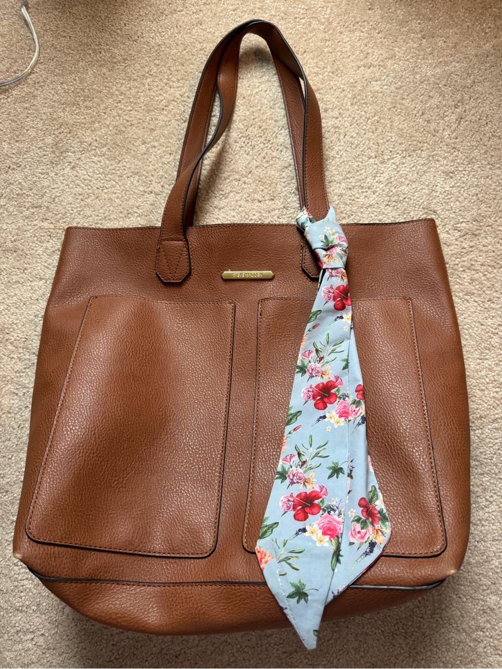 Steve Madden Brown Leather Tote Bag with Floral Scarf